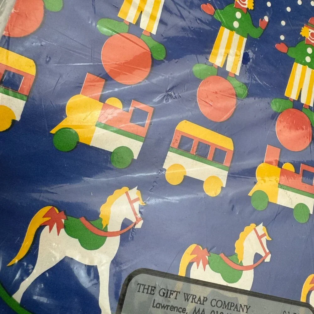 Vtg Child Gift‎ Wrap Company Paper Blue Clowns Trains Horses 2 Sheets in Pack